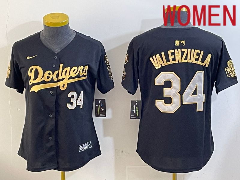 Women Los Angeles Dodgers #34 Valenzuela 2024 World series patch black jersey 202411201